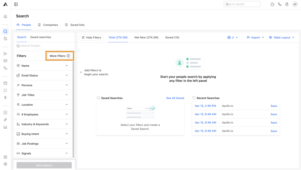 Apollo.io's advanced search filters