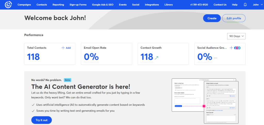 Contant contact dashboard