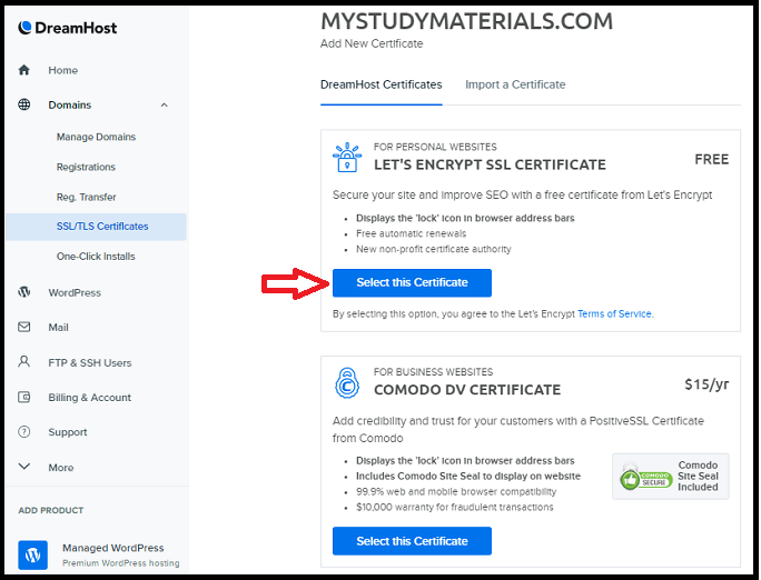 Installing Lets Encrypt SSL Free Certificate on your domain using DreamHost panel