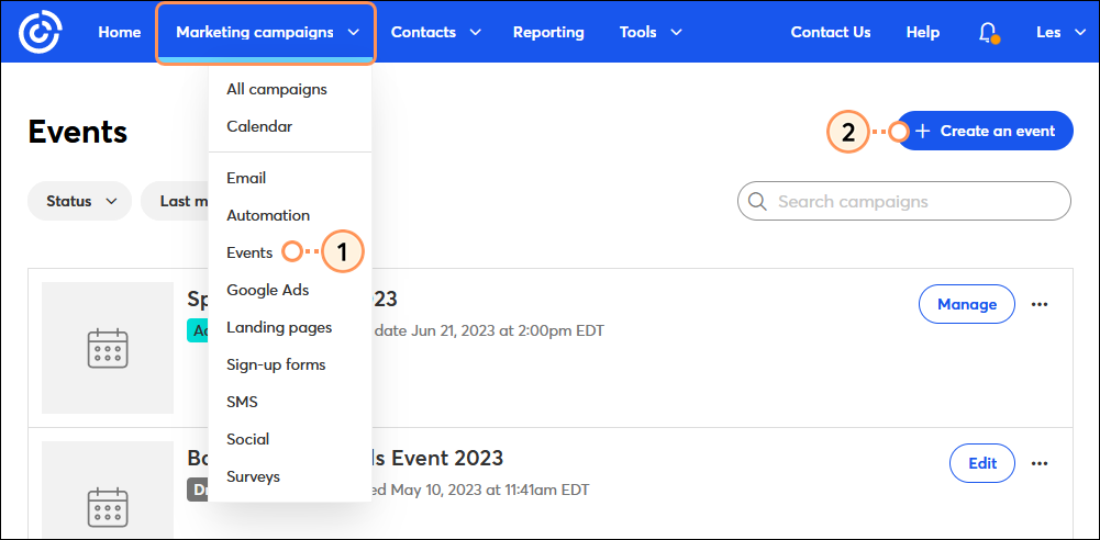 marketing campaigns dropdown events create an event steps12