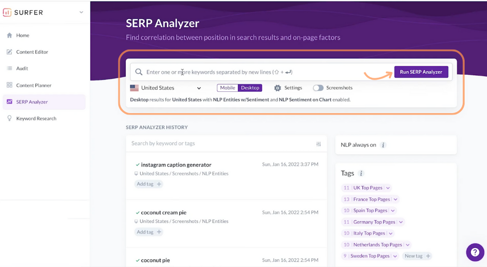 Surfer SEOs SERP Analyzer