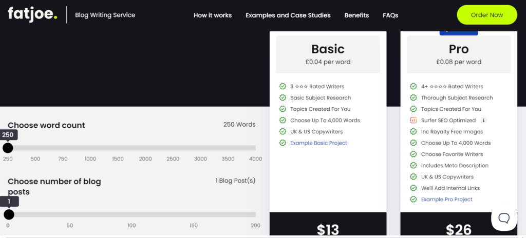 FatJoes Blog Writing Service pricing